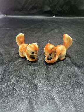 mid century, ceramic brown and white squirrel salt, and pepper shakers Japan